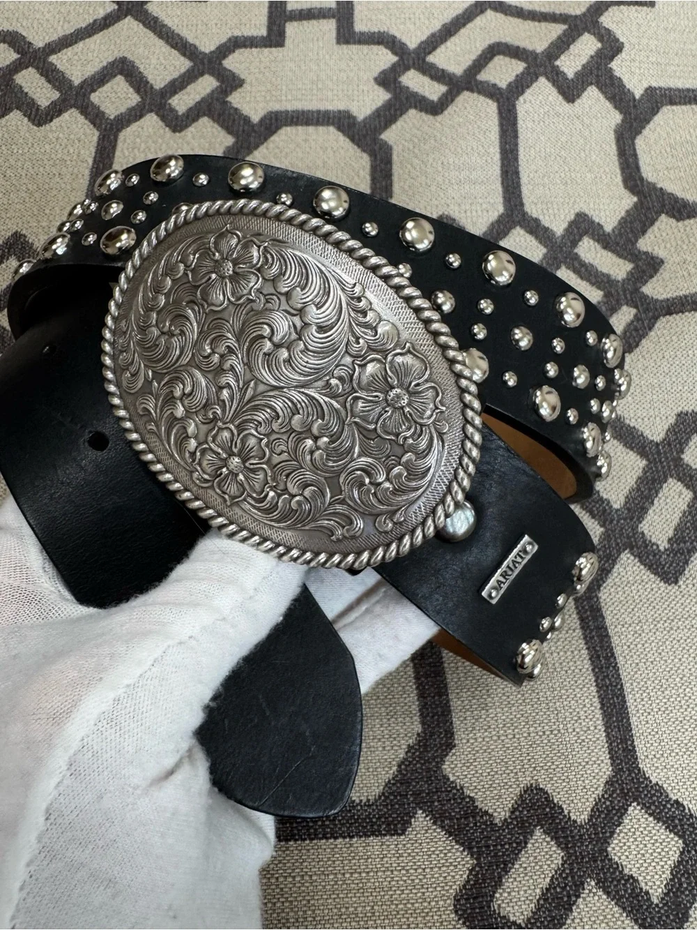 Ariat Black Leather Studded Western Belt Filigree Floral Silver Engraved Buckle
